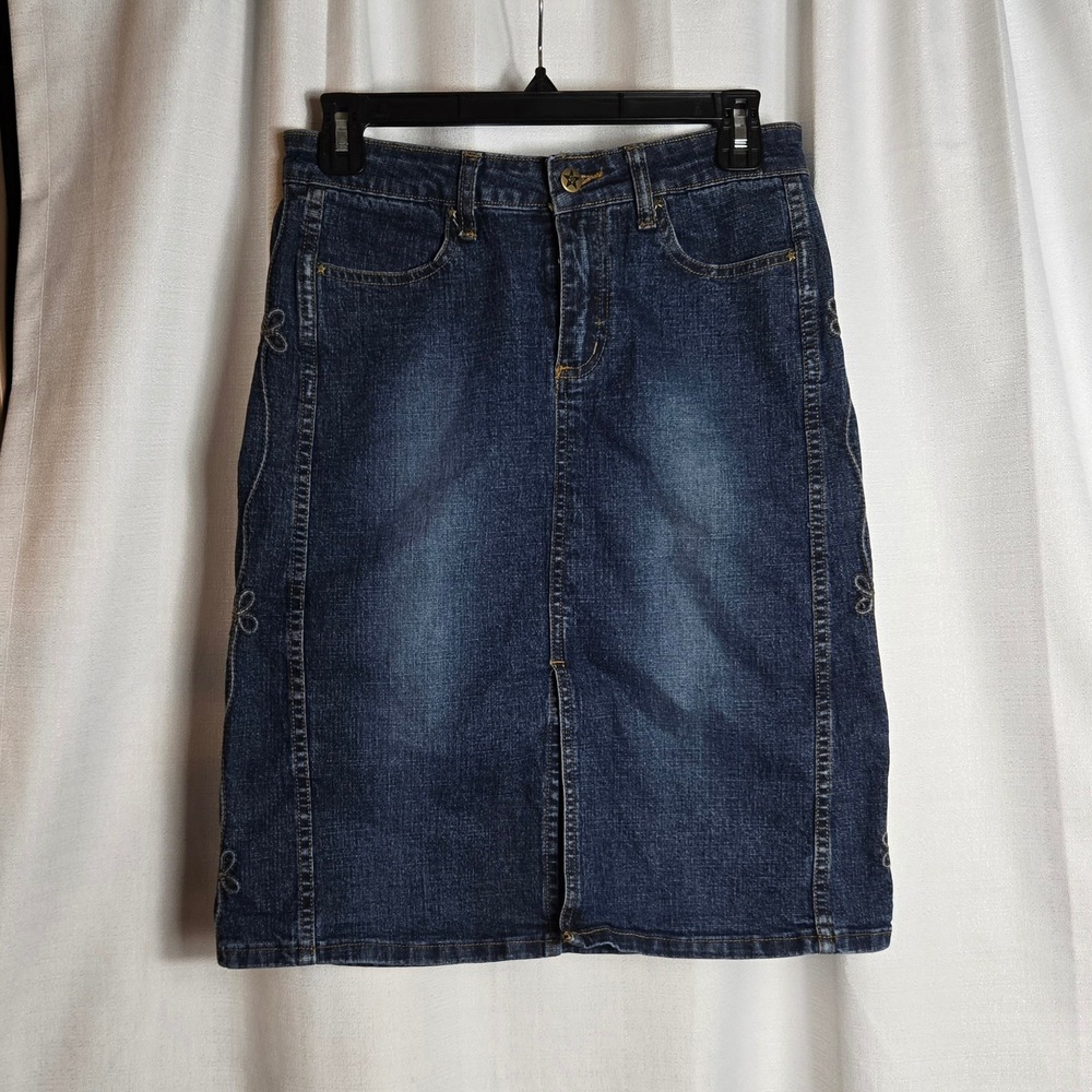 Bubblegum USA Denim Skirt Blue Embroidery Accents‎ A Line Knee Length Size 5 6